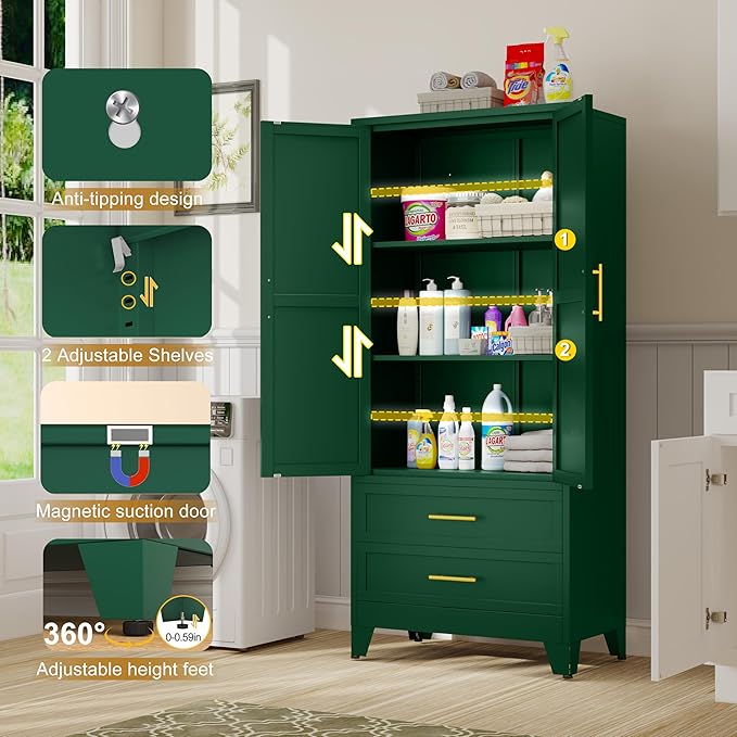 71" Tall Metal Pantry Cabinet, Steel Storage Cabinets with 2 Doors, 2 Adjustable Shelf and 2 Drawers, Used as Kitchen Cabinet, Freestanding Cupboard for Kitchen, Office, Living Room (Green)