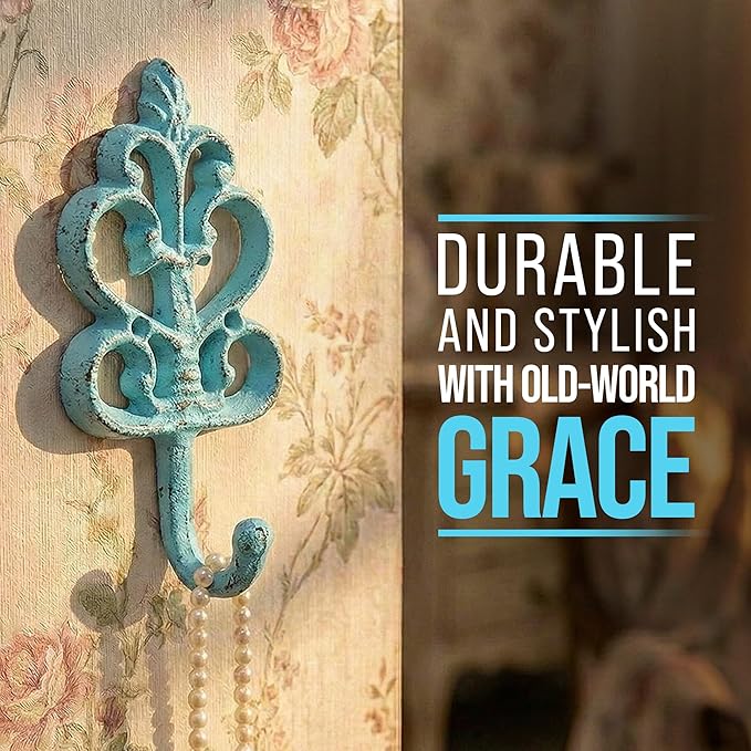 Comfify Shabby Chic Decorative Wall Hooks - Set of 3 - Cast Iron French Country Wall Decor - Farmhouse Hangers for Coats, Purses and More - Blue