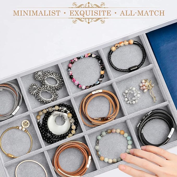 Emibele Bracelets Organizer Jewelry Tray, 12 Grids Velvet Tray Storage for Watches Rings Earrings, Stackable Jewelry Drawer Organizer Showcase Display Trays with Detachable Inner Dividers, Grey