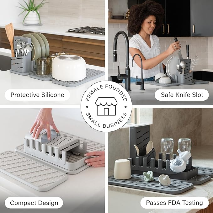 Dorai Home Collapsible Dish Drying Rack with Stone Dish Pad - Kitchen Counter Set with Diatomaceous Earth Stone Dish Mat for Quick Drying - Space-Saving Design - Original 19.9"x15.2", Slate