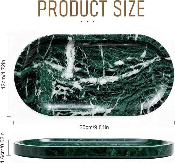 Natural Marble Tray, Green Stone Tray, Vanity Decorative Tray for Countertop, Catchall for Perfume, Candles, Skincare, Jewelry Dish, Bathroom Tray, Hotel Supplies