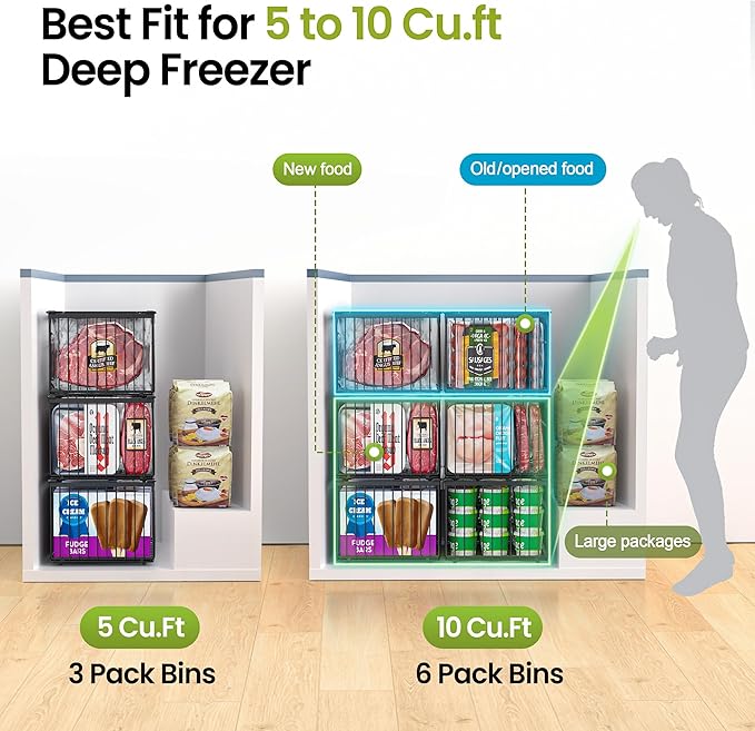 Freezer Organizer Bins, 3 Pack Big Stackable Deep Chest Freezer Organizer Bins, Foldable Baskets with Handles, Black Storage Container Baskets for 5 to 9 Cu.FT Deep Freezer Sort Frozen Meats