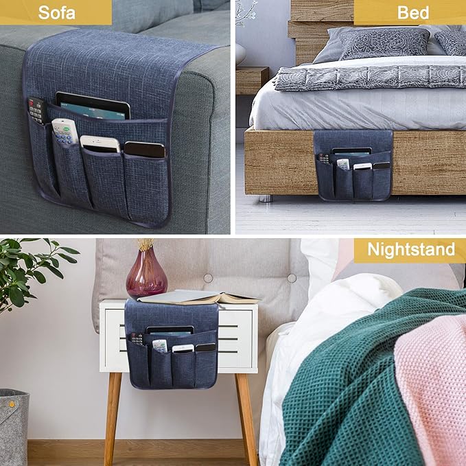 Sofa Armrest Organizer Non-Slip Remote Control Holders for Recliner Couch Chair Armchair Caddy with 5 Pockets for Table,Cell Phone,Ipad,Magazines,Books (13x35In, Navyblue)