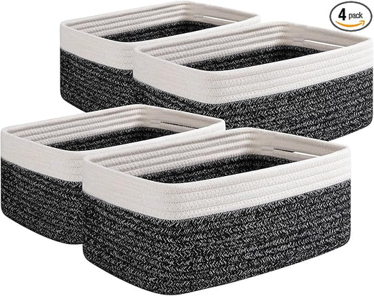 OIAHOMY 4 Pack Storage Baskets for Organizing, Small Bins for Shelves, Cute Decorative Storage Bins, Organizer Baskets for Gifts Empty, 11.8''Lx7.8''Wx4.7''H, Black/White