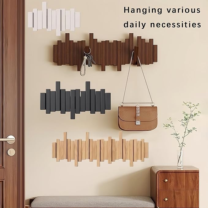 Piano Coat Rack Wall Mount, Wooden Magnetic Wall Hooks with Flip-Down Design, 50lbs Load Capacity Space-Saving Key Holder for Entryway, Bedroom, Hallway - Splicable Wall Art Decor (walnut, 6Hooks)