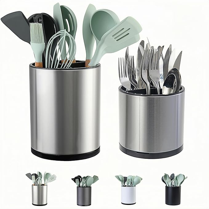 Utensil Holder,Extra Large Utensil Holder for Kitchen Counter, Silverware Organizer, Stainless Steel Storage Cooking Caddy Flatware Spoon Spatula Tool Cutlery Container(2 Set)