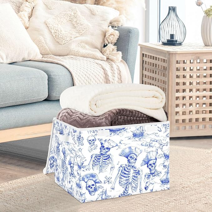 Collapsible Storage Bins with Lids Decorative Fabric Storage Cubes Closet Organizer and Storage Basket Boxes Containers for Clothes Box Chest Nursery Folding Rectangle Retro Blue Skull Pirate