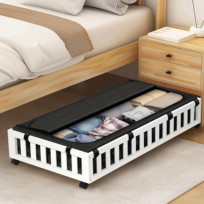 2 Pack Bamboo Under Bed Storage with Wheels, 39âx20âx7.8â Lager Under Bed Storage Containers (White)