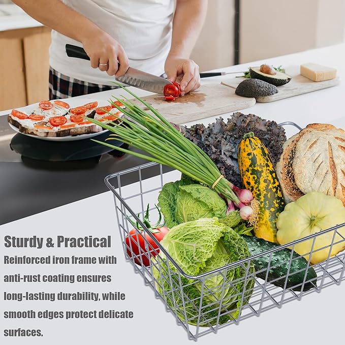 Sturdy Small Wire Storage Basket for Kitchen Food, Pantry Papers, Home Office Desk and Shelf, Bathroom Laundry Room, Bedroom, Silver, 2 PCS