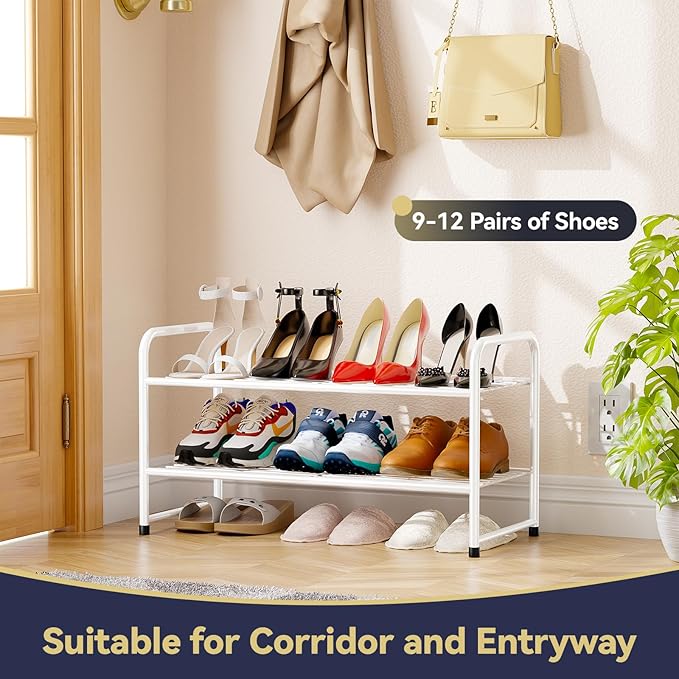 Shoe Rack White for Closet, 2 Tier 27" Shoe Organizer Shelf Stackble Metal