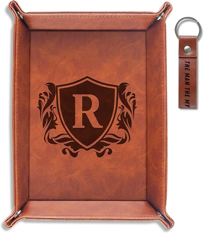 INNObeta Initial Valet Tray, Desktop Storage Organizer, PU Leather Bedside Tray Key Coin Holder, Personalised Gifts for Men, Birthday, Christmas, Letter R