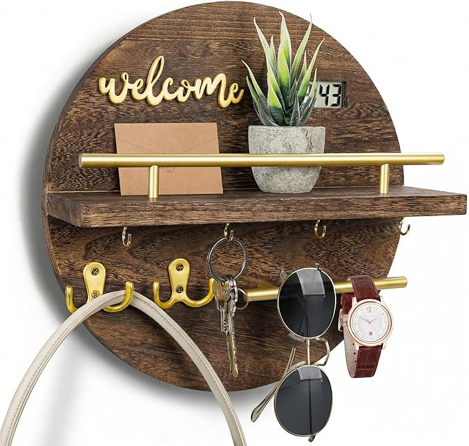 Key Holder for Wall, Key and Mail Holder Organizer with - Key Holder Wall Mount - Round Wooden Rustic Home Decor for Entryway, Mudroom, Hallway, Kitchen Office (Brown&Gold)
