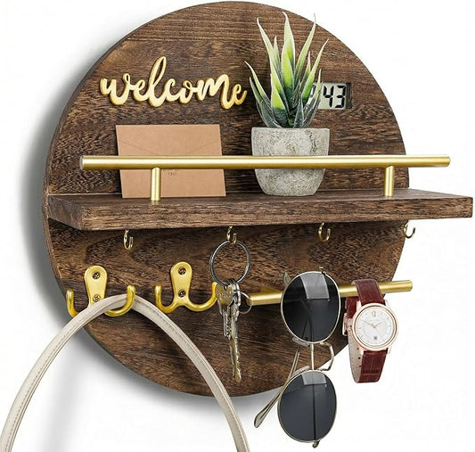 Key Holder for Wall, Key and Mail Holder Organizer with - Key Holder Wall Mount - Round Wooden Rustic Home Decor for Entryway, Mudroom, Hallway, Kitchen Office (Brown&Gold)