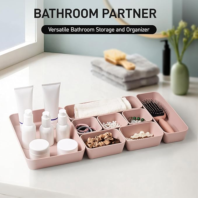 ISSEVE 8Pcs Nesting Silicone Drawer Organizer Trays, 4 Size Versatile Vanity Bathroom & Desk Drawer Organizer Set Storage Bins for Office,Kitchen,Nightstand,Pink