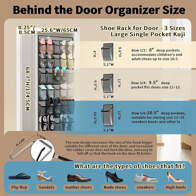 PAULONE Massive 70-Inch Dual-Side Family Organizer - Stores Shoes, Handbags, Toys & Baby Gear, Heavy Duty Over Door Storage System for Every Room (Gray)