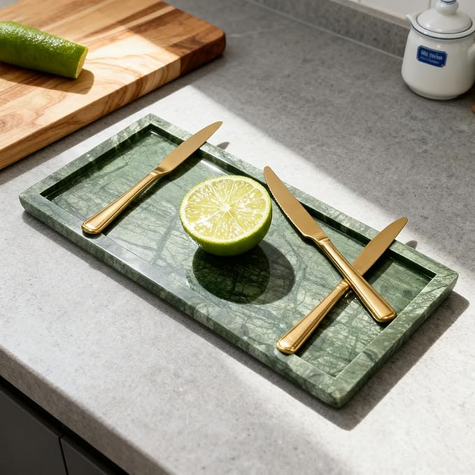 Natural Marble Vanity Bathroom Tray, 12 x 6 Inch Elegant Home Decor Tray for Kitchen,Bathroom,Dresser, Coffee Table,Sink Storage Holder Organizer, Green (NS029)