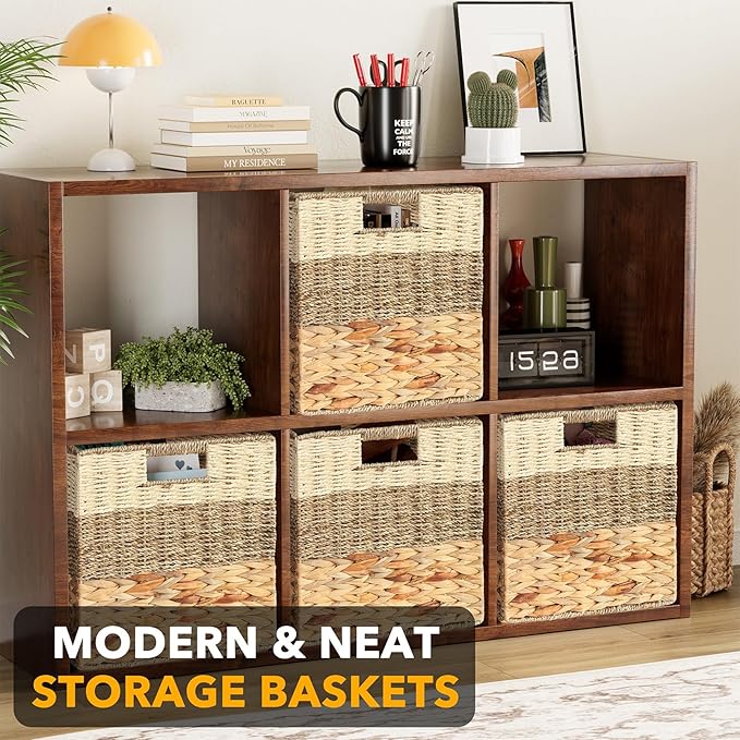 SpaceAid 4 Pack 3 Pattern Design Wicker Basket, Baskets for Organizing, Storage Rattan Basket with Handles for Shelves, Woven Cube Storage Bin Organizer, 13x13x13 inch, Natural