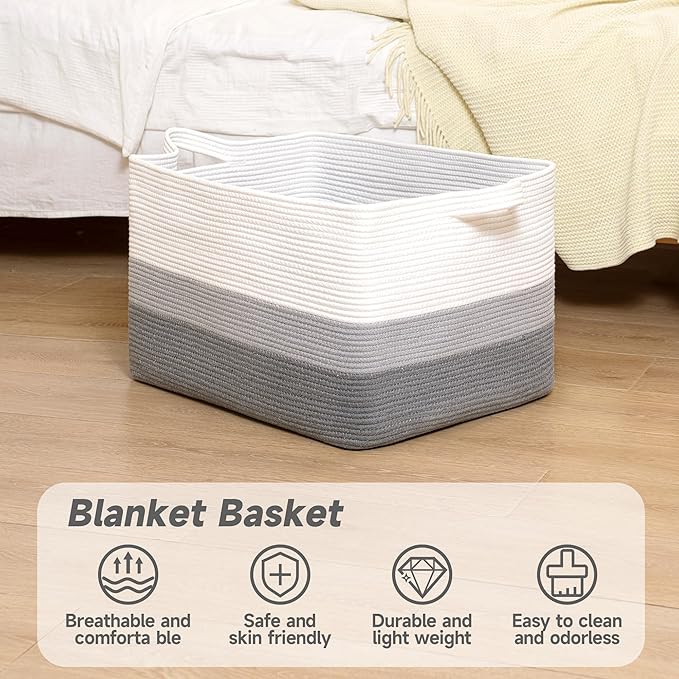 CLHMILY&Z Stylish Square Cotton Rope Storage Basket (Grey & White, 85L)