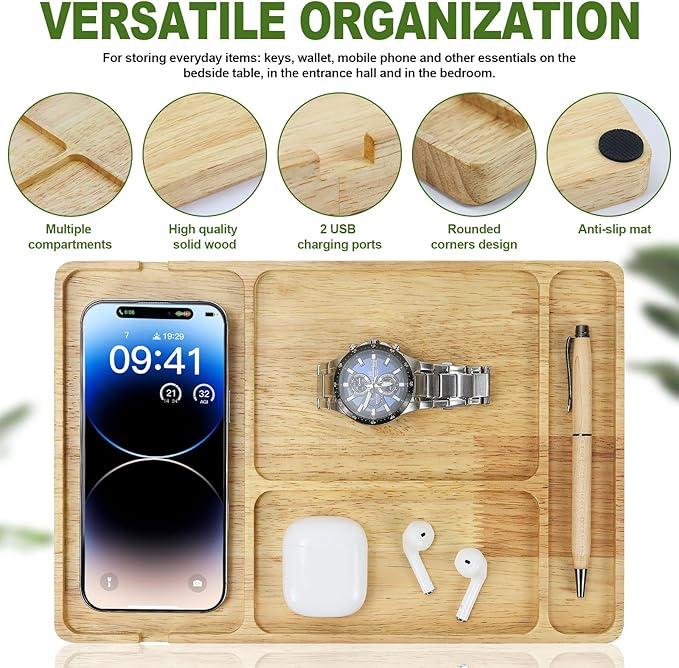 MultiBey Rubber Wood Valet Tray - Wooden Nightstand Organizer for Men Women, 4 Slot Desk Drawer Organizer Tray, EDC Catch All Tray with Cable Slot for Phone Watch Wallet Key Jewelry