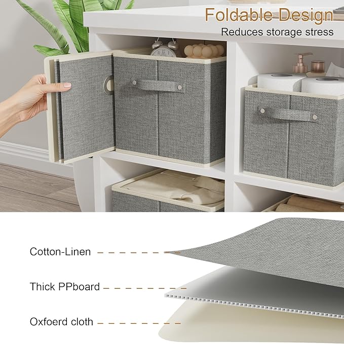 Fabric Open Storage Bins with Metal Handles, Collapsible Organizer Baskets, Foldable Cube Boxes for Shelves, Closet, Living Room, 13x9.1x7.9in, Grey, 2 Pack