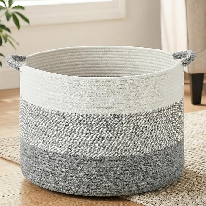 70L Large Cotton Rope Basket, Decorative Woven Blanket Storage for Living Room, Boho Toy Storage & Toy Box for Kids, Versatile Laundry Basket & Nursery Hamper for Blankets(Grey)