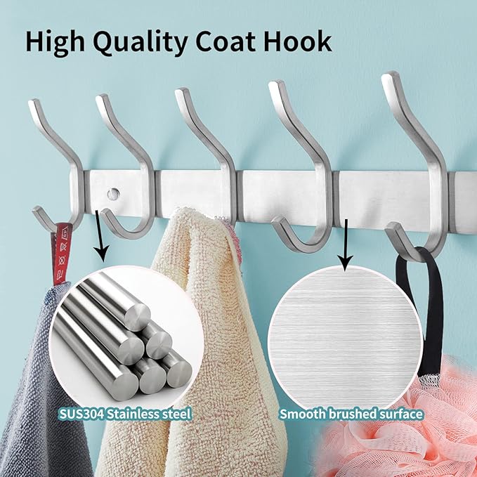 304 Stainless Steel Wall Hooks, 17 Inch Coat Rack Wall Mount with 6 Hooks,Silver Wall Hooks Hangers for Entryway, Bathroom - for Hanging Backpack, Bag, Coat, Purse, Hat, Towel, Clothes,2 Packs
