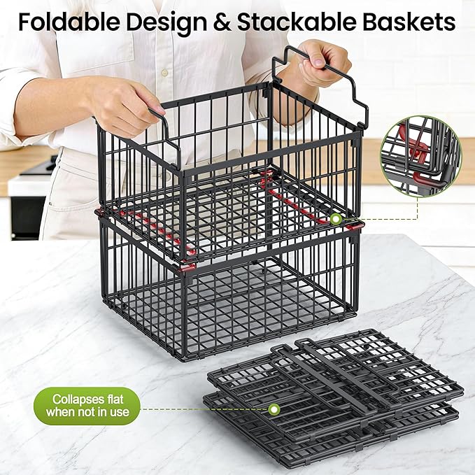Freezer Organizer Bins, 3 Pack Big Stackable Deep Chest Freezer Organizer Bins, Foldable Baskets with Handles, Black Storage Container Baskets for 5 to 9 Cu.FT Deep Freezer Sort Frozen Meats