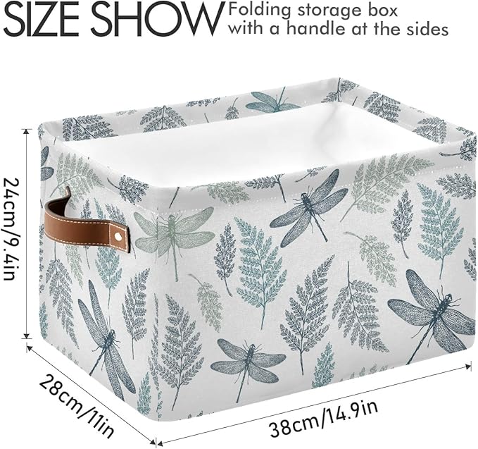 susiyo Large Foldable Storage Bin Fern Botanical Dragonfly Fabric Storage Baskets Collapsible Decorative Baskets Organizing Basket Bin with PU Handles for Shelves Home Closet Bedroom Living Room-1Pack