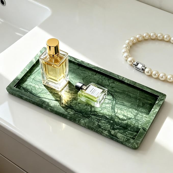 Natural Marble Vanity Bathroom Tray, 12 x 6 Inch Elegant Home Decor Tray for Kitchen,Bathroom,Dresser, Coffee Table,Sink Storage Holder Organizer, Green (NS029)