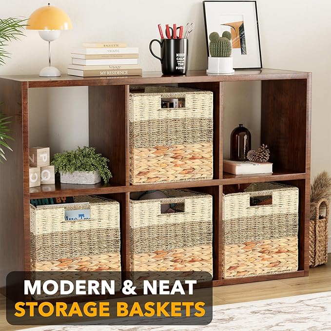 SpaceAid 4 Pack 3 Pattern Design Wicker Basket, Baskets for Organizing, Storage Rattan Basket with Handles for Shelves, Woven Cube Storage Bin Organizer, 12x12x12 inch, Natural