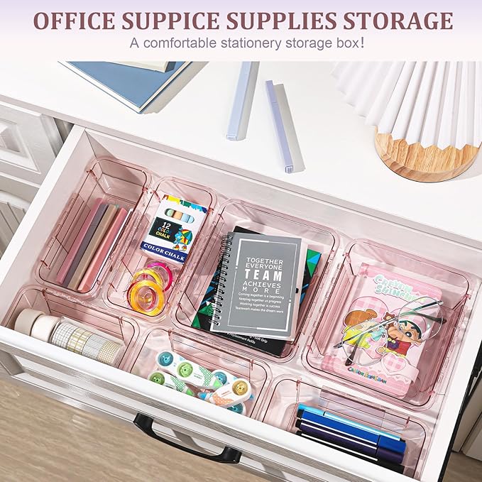 15 Pcs Adjustable Clear Drawer Organizer, All Extendable Vanity Storage Bins, Desk Drawer Organizer Set for Makeup, Cosmetics, Bedroom, and Gadgets, Pink