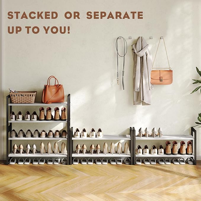 2-Tier Shoe Rack for Closet & Entryway, Stackable Shoe Organizer, Screw-Fastened Metal Frame for Less Wobble, Heel-Friendly Non-Woven Shelves, 11.8" Deep Space-Saving Shoe Storage (Black)