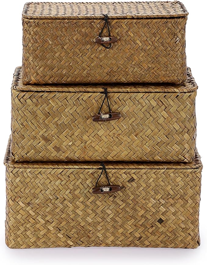 Wicker Basket With Lid - Rectangular Lidded Basket Box Natural Seagrass Storage Baskets Woven Decorative Basket Bin for Shelf Home Decor,Caramel Color,Set of 3