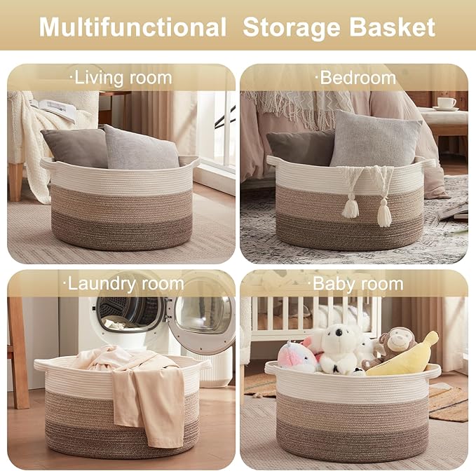 OIAHOMY 90L Blanket Basket for Living Room, Large Basket 23" x 23" x 13" with Handle, Laundry Hamper for Blankets, Pillows, Toy Storage for Kids, Dogs - Gradient Brown