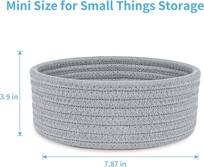 ABenkle Small Woven Basket, Empty Tiny Shallow Storage Basket, Mini Cotton Rope Baskets, Round Decorative Hamper, Basket Storage Bins for Toys, Spa, Socks, Nursery, Living Room- Grey