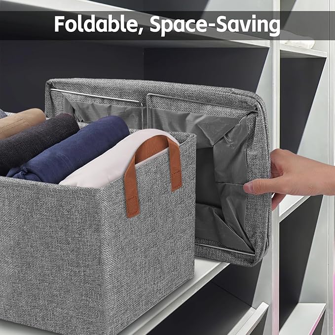 Storage Baskets for Closet with Metal Frame, Fabric Storage Bins for Shelves, Shelf Baskets and Bins with Handles for Clothes Toys Organization, 4-Pack