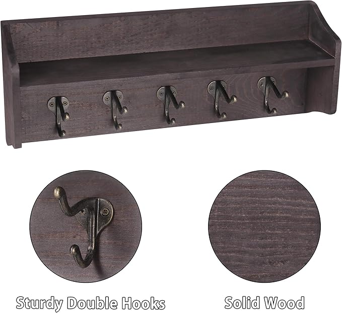 LAVIEVERT Coat Hooks with Storage Shelf Wall-Mounted, Rustic Wood Hanging Coat Rack with 5 Vintage Metal Hooks for Entryway, Living Room, Kitchen, Bathroom - Brown