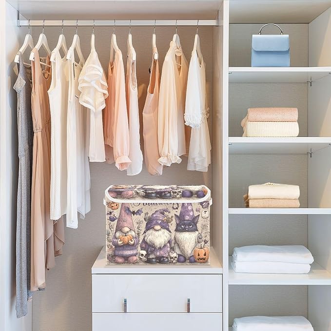 Halloween Gnomes Cat Bat Beige Collapsible Storage Bins with Lids Decorative Fabric Cubes Closet Organizer Basket Boxes Containers for Clothes Box Chest Nursery F