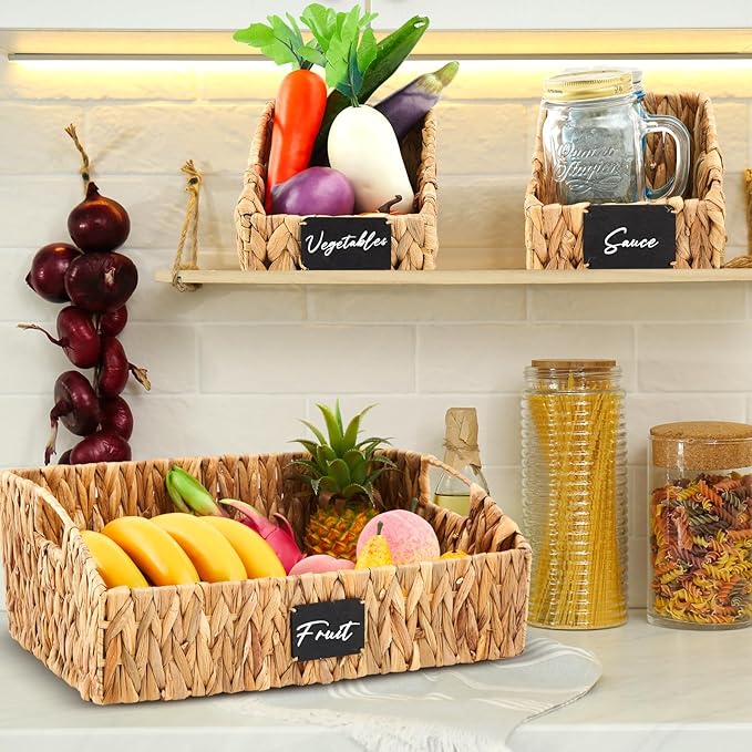4 Pcs Water Hyacinth Storage Basket Set Wicker Rattan Pantry Basket with Chalkboard Label Handles Woven Container Kitchen Laundry Large Small for Shelves Food Home Bathroom Decor