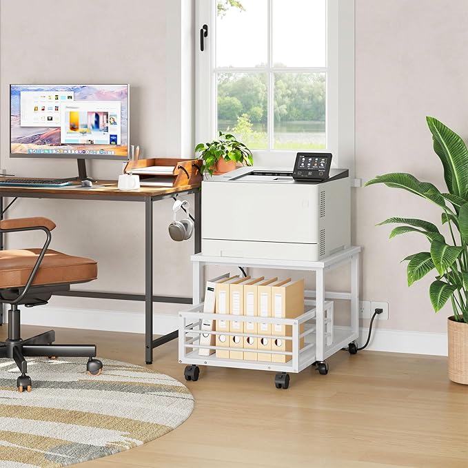 HOOBRO Mini Fridge Stand with Movable Storage Basket, Mini Fridge Cabinet with Wheels and Adjustable Feet, Sturdy Metal Frame, for Kitchen, Living Room, Office, White WW155TL01