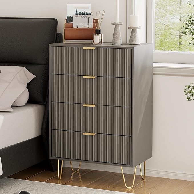Masupu 4 Drawer Dresser, Drawer Chest, Tall Storage Dresser Chest Cabinet Organizer Unit with Gold Metal Legs, Nightstand for Bedroom, Living Room, Closet, Hallway Gray Stripe