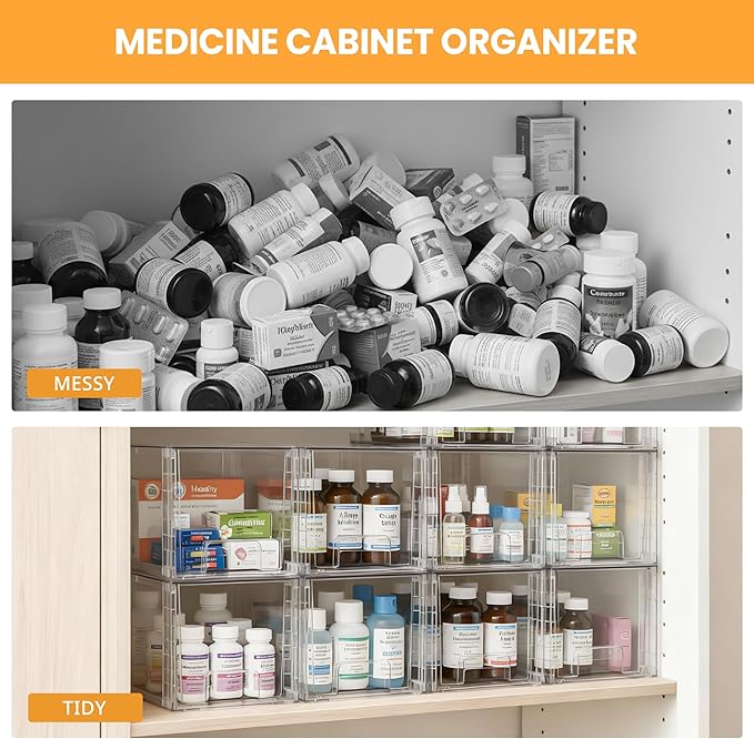 4 Pack Large Stackable Storage Drawers, Acrylic Bathroom Undersink Closet organizers and storage, Clear Plastic Bins for Pantry, Kitchen Cabinets, Makeup, Perfume, Baby Bottles, Medicine Organization
