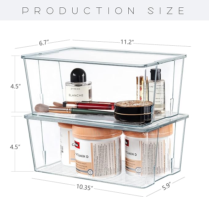 Hudgan Clear Plastic Storage Organizer Bins with Acrylic Lids for Home Office, Kitchen, Cupboard, Pantry Shelves, Medicine Cabinet, Craft Rooms - 4.5-Inches Tall - 4 Pack