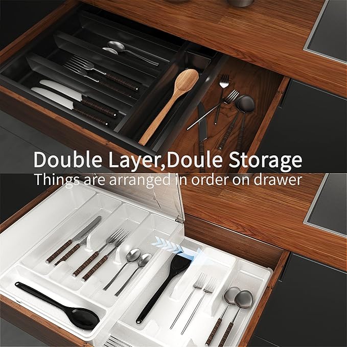 GoCozy Silverware Organizer with Lid, 9 Compartments Flatware Organizer, Plastic Utensil Holder for Countertop, Silverware Tray for Drawer, White