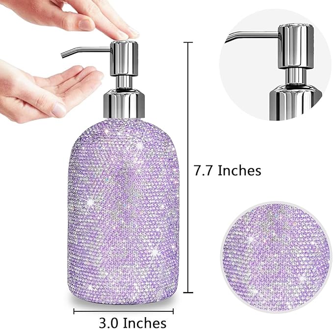 SlowVibes 18Oz Bling Purple Glass Soap Dispenser With Rust Proof Stainless Steel Pump,Refillable Liquid Hand Wash Bottle For Bathroom Kitchen,Sparkle Decorative Rhinestone Shower Lotion Dish Dispenser