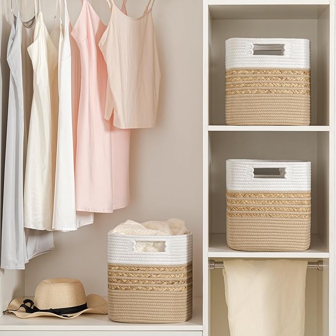 UBBCARE Set of 3 Storage Cubes 13 X 13 X 13 in, Water Hyacinth Storage Bins for Shelves, Toys, Book, Storage Baskets with Handles, Cotton Rope Woven Baskets for Organizing, Brown