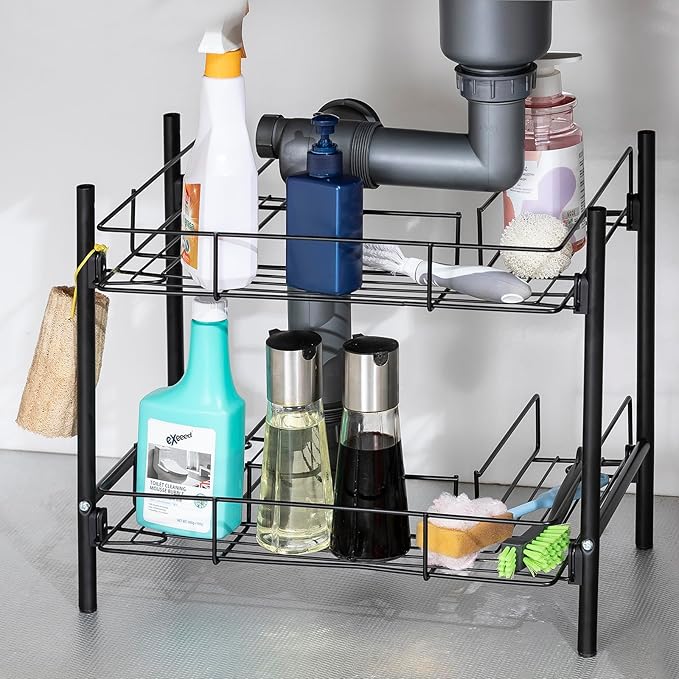 L&H UNICO Under Sink Organizers 2-Tier Removable Shelf Wire Storage Rack for Kitchen Bathroom with Towel Bar, Black
