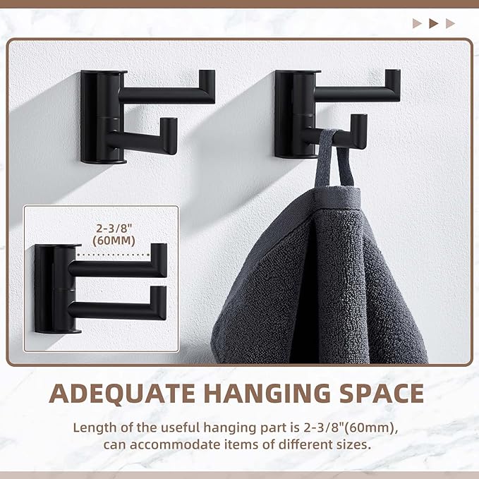 Suyar Double Towel Hook Matte Black, SUS 304 Stainless Steel Heavy Duty Wall Hook for Bathroom, Swivel Coat Holder, Towel Hanger with 2 Foldable Arms, 2 Pack