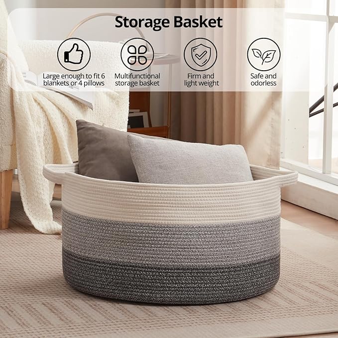OIAHOMY 90L Blanket Basket for Living Room, Large Basket 23" x 23" x 13" with Handle, Laundry Hamper for Blankets, Pillows, Toy Storage for Kids, Dogs - Gradient Grey
