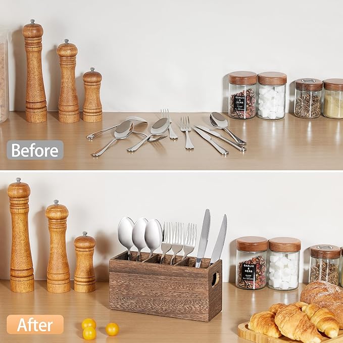 Wooden Silverware Holder, Kitchen Utensil Caddy with 3 Compartments, Cutlery Storage Organizer Countertop, Flatware Organizer for Party, Spoon, Fork Holder